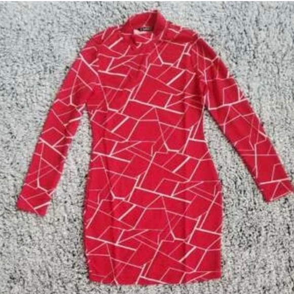 Print Red Bodycon Short Long Sleeve Dress - Picture 3 of 4